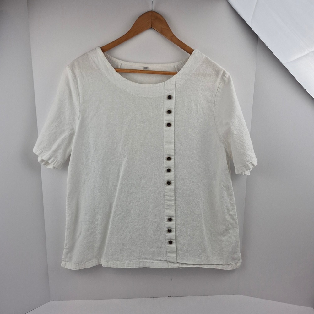 Lagenlook White Textured Short Sleeve Button Blouse 2XL Plus Size Minimalist Top